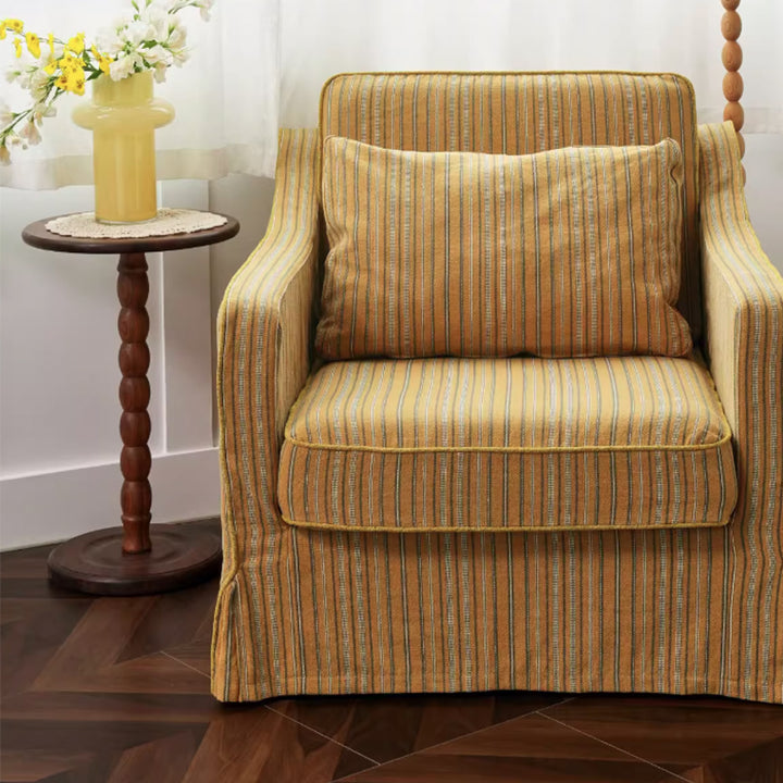Chaise d'appoint en bois de bouleau avec motif à rayures dorées en coton et lin - Chaise de salon rétro minimaliste pour le salon 