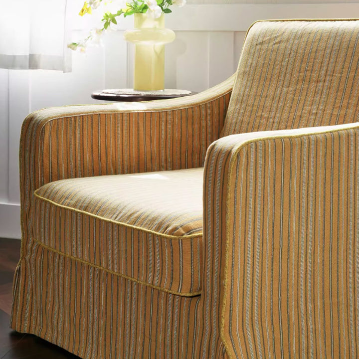 Silla de acento de madera de abedul con patrón de rayas doradas de algodón y lino - Silla de salón retro minimalista para sala de estar 