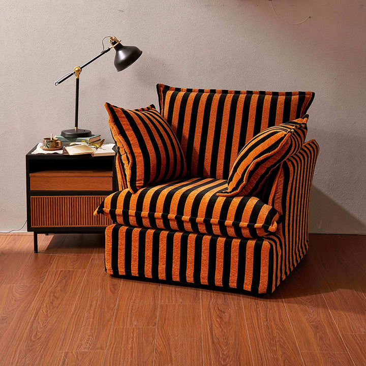 Chaise d'appoint pivotante en bois de bouleau à motif rayé noir et orange - Chaise de salon française pour le salon 