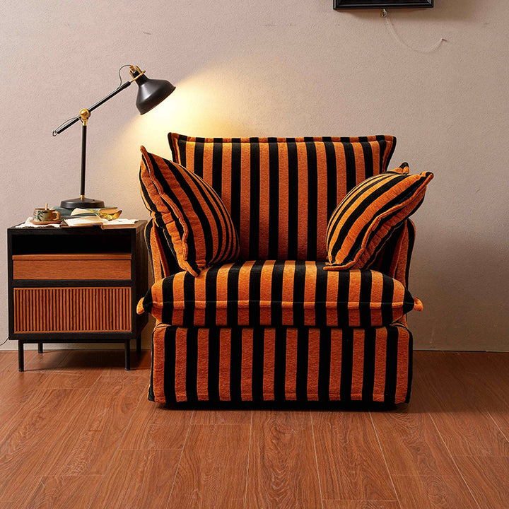 Chaise d'appoint pivotante en bois de bouleau à motif rayé noir et orange - Chaise de salon française pour le salon 