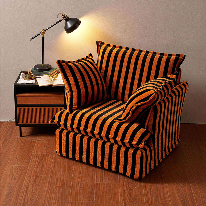 Chaise d'appoint pivotante en bois de bouleau à motif rayé noir et orange - Chaise de salon française pour le salon 