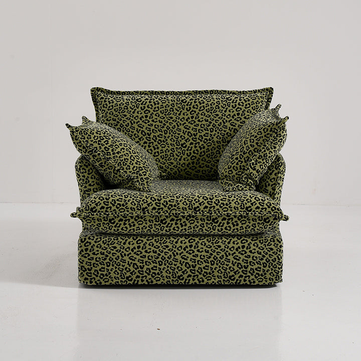 Green Leopard Print Swivel Birch Wood Accent Chair Vintage Oriental Sofa for Living Room