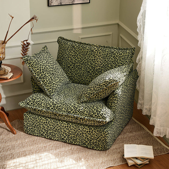 Chaise d'appoint en bois de bouleau à imprimé léopard vert pivotant - Canapé oriental vintage pour salon 