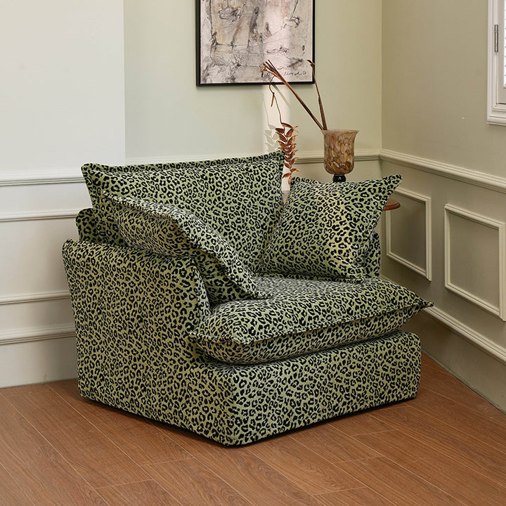 Chaise d'appoint en bois de bouleau à imprimé léopard vert pivotant - Canapé oriental vintage pour salon 