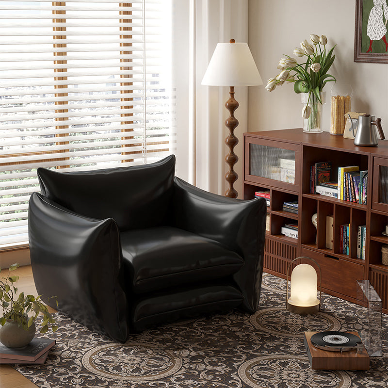 Traditional French Cotton Linen Oil Wax Leather Wood Square Curved Accent Chair With Backrest & Armrest For Living Room