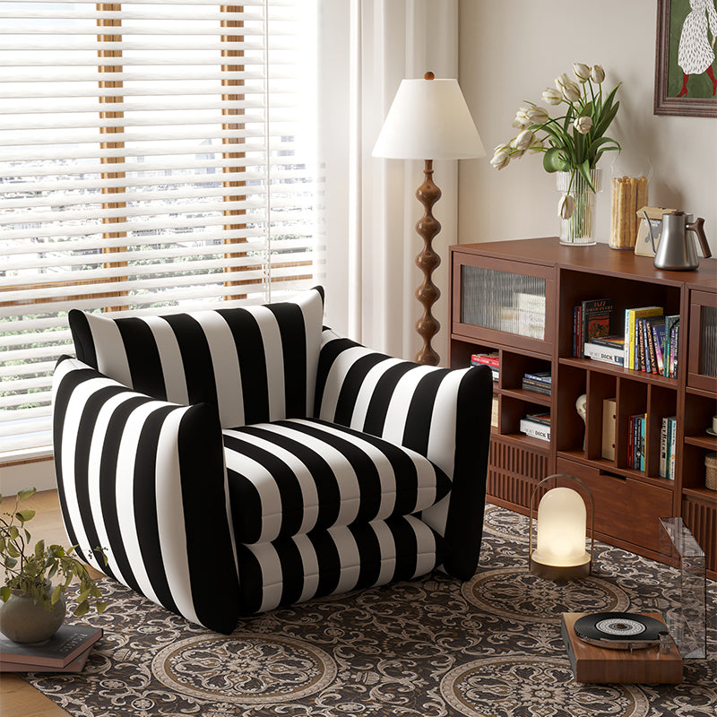 Traditional French Cotton Linen Oil Wax Leather Wood Square Curved Accent Chair With Backrest & Armrest For Living Room