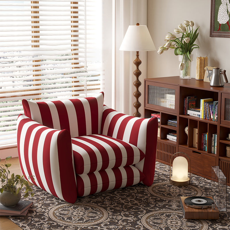 Traditional French Cotton Linen Oil Wax Leather Wood Square Curved Accent Chair With Backrest & Armrest For Living Room