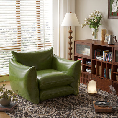 Traditional French Cotton Linen Oil Wax Leather Wood Square Curved Accent Chair With Backrest & Armrest For Living Room