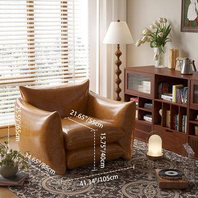 Traditional French Cotton Linen Oil Wax Leather Wood Square Curved Accent Chair With Backrest & Armrest For Living Room