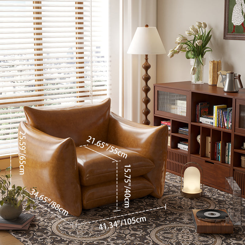 Traditional French Cotton Linen Oil Wax Leather Wood Square Curved Accent Chair With Backrest & Armrest For Living Room