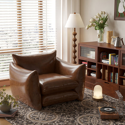 Traditional French Cotton Linen Oil Wax Leather Wood Square Curved Accent Chair With Backrest & Armrest For Living Room