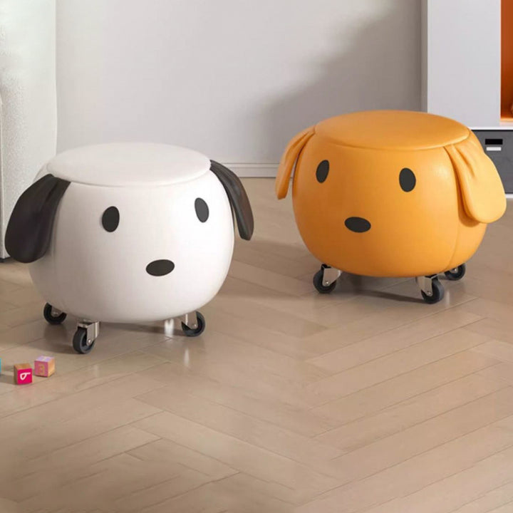 Taburete bajo redondo móvil en forma de perro de cuero encerado creativo contemporáneo de madera maciza y acero inoxidable para sala de estar 