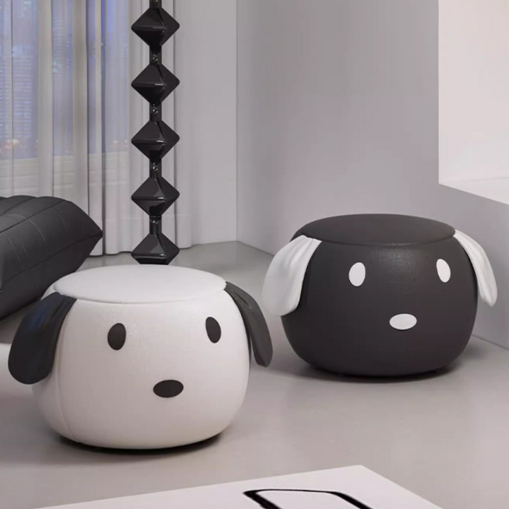 Taburete bajo redondo móvil en forma de perro de cuero encerado creativo contemporáneo de madera maciza y acero inoxidable para sala de estar 