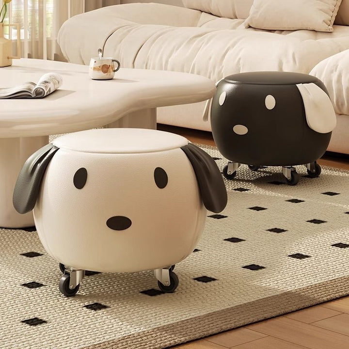 Taburete bajo redondo móvil en forma de perro de cuero encerado creativo contemporáneo de madera maciza y acero inoxidable para sala de estar 