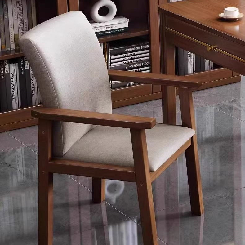 Chaise de bureau carrée inclinée en bois massif avec dossier et accoudoirs en coton lin scandinave contemporain pour la maison 