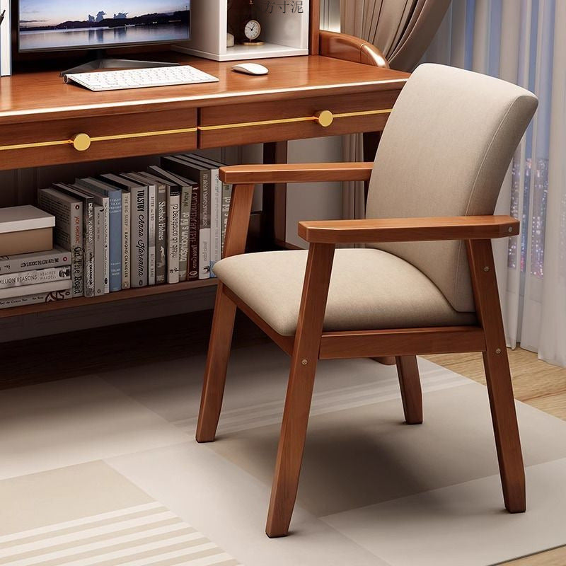 Contemporary Scandinavian Cotton Linen Solid Wood Tilted Rounded Square Desk Chair With Backrest & Armrest For Home Office