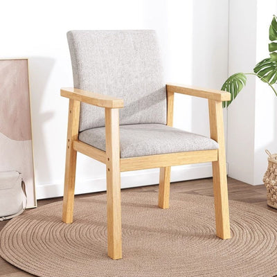 Contemporary Scandinavian Cotton Linen Solid Wood Tilted Rounded Square Desk Chair With Backrest & Armrest For Home Office