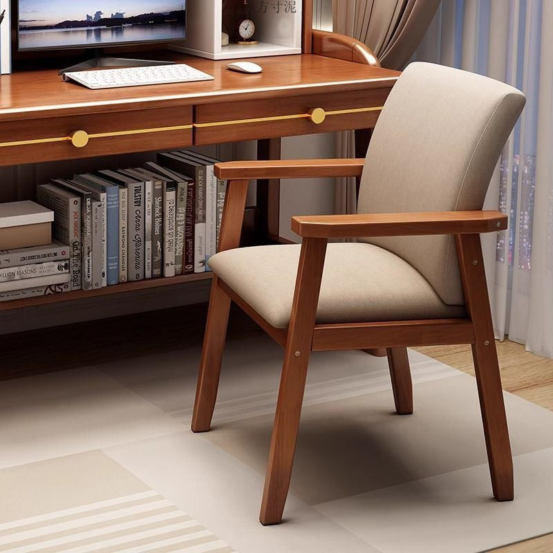 Contemporary Scandinavian Cotton Linen Solid Wood Tilted Rounded Square Desk Chair With Backrest & Armrest For Home Office