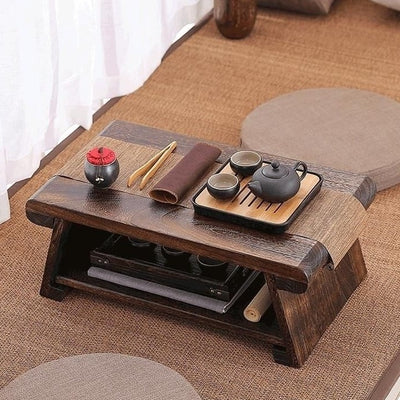 Traditional Japanese Foldable Solid Wood Rounded Rectangle Coffee Table 2-Tier For Living Room