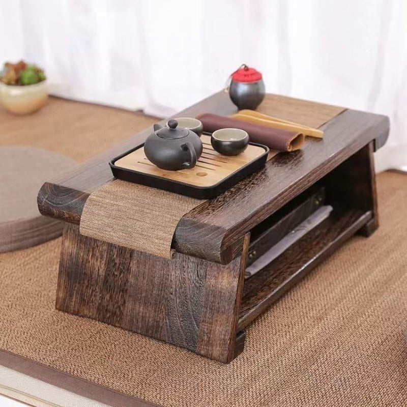 Traditional Japanese Foldable Solid Wood Rounded Rectangle Coffee Table 2-Tier For Living Room