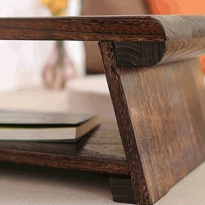 Traditional Japanese Foldable Solid Wood Rounded Rectangle Coffee Table 2-Tier For Living Room