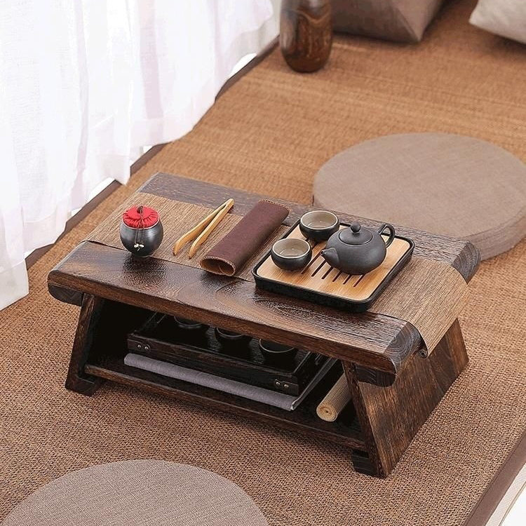 Traditional Japanese Foldable Solid Wood Rounded Rectangle Coffee Table 2-Tier For Living Room