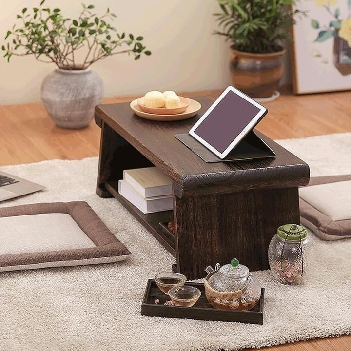 Traditioneller klappbarer Couchtisch aus Ulmenholz im japanischen Stil, abgerundetes Rechteck, 2 Ebenen, für das Wohnzimmer 