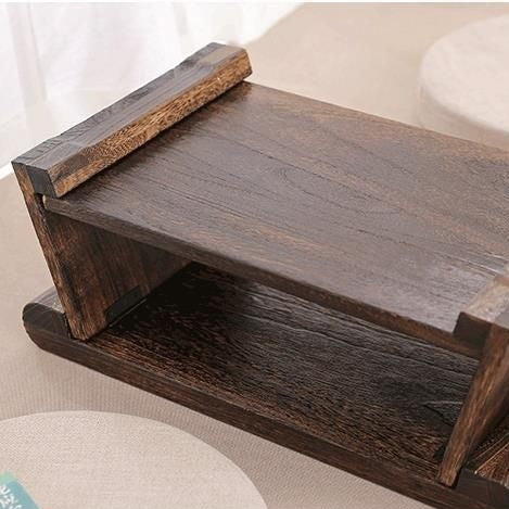 Traditional Japanese Foldable Solid Wood Rounded Rectangle Coffee Table 2-Tier For Living Room