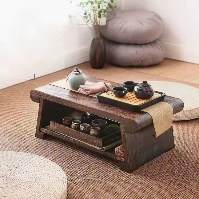 Traditional Japanese Foldable Solid Wood Rounded Rectangle Coffee Table 2-Tier For Living Room