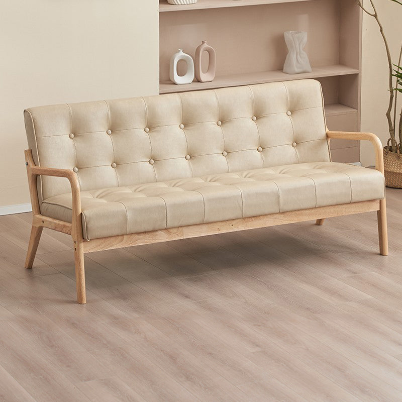 Contemporary Scandinavian Oil Wax Leather Solid Wood Rectangular Rounded Sofa 1/2/3-Seater For Living Room