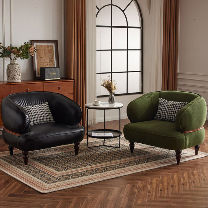 Silla de salón semicerrada curvada de madera maciza con cuero encerado al aceite vintage tradicional, con respaldo y reposabrazos para sala de estar 