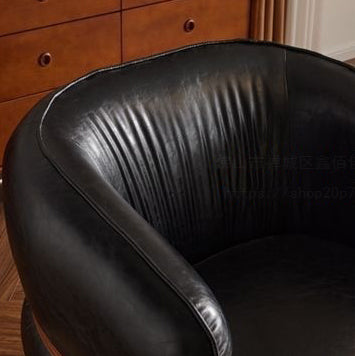 Silla de salón semicerrada curvada de madera maciza con cuero encerado al aceite vintage tradicional, con respaldo y reposabrazos para sala de estar 