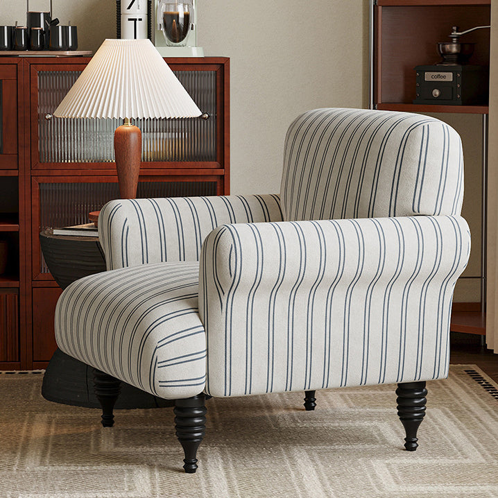 Traditional French Fabric Solid Wood Rounded Square Curved Accent Chair With Backrest & Armrests For Living Room