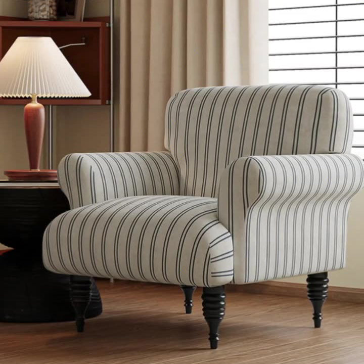 Traditional French Fabric Solid Wood Rounded Square Curved Accent Chair With Backrest & Armrests For Living Room