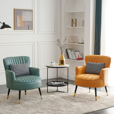 Contemporary Scandinavian Microfiber Leather Metal Round Square Accent Chair With Backrest & Armrests For Living Room
