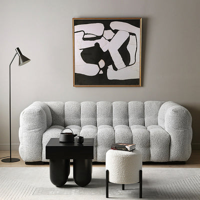 Contemporary Scandinavian Sherpa Fleece Metal Round Cylindrical Low Stool For Living Room