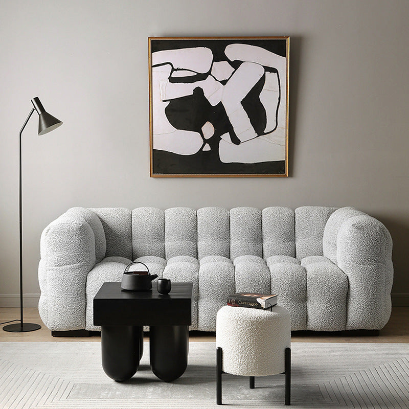 Contemporary Scandinavian Sherpa Fleece Metal Round Cylindrical Low Stool For Living Room