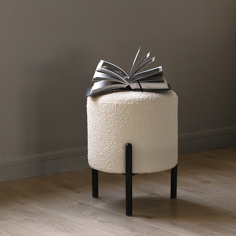 Contemporary Scandinavian Sherpa Fleece Metal Round Cylindrical Low Stool For Living Room