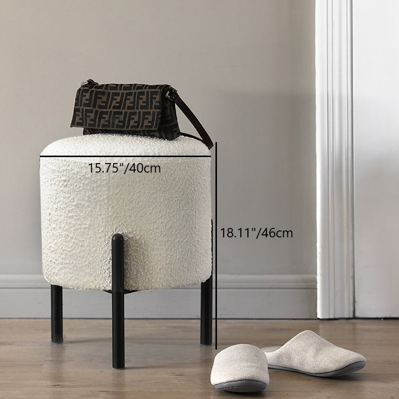 Contemporary Scandinavian Sherpa Fleece Metal Round Cylindrical Low Stool For Living Room