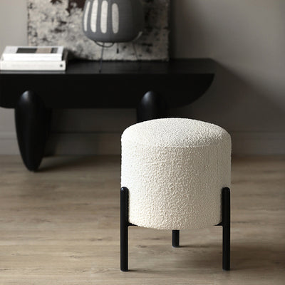 Contemporary Scandinavian Sherpa Fleece Metal Round Cylindrical Low Stool For Living Room