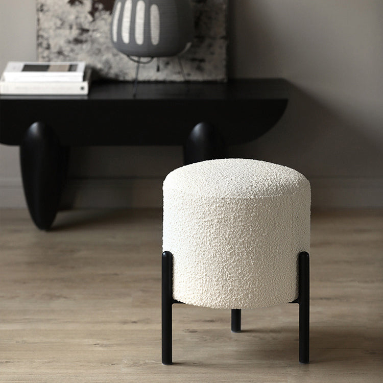 Contemporary Scandinavian Sherpa Fleece Metal Round Cylindrical Low Stool For Living Room