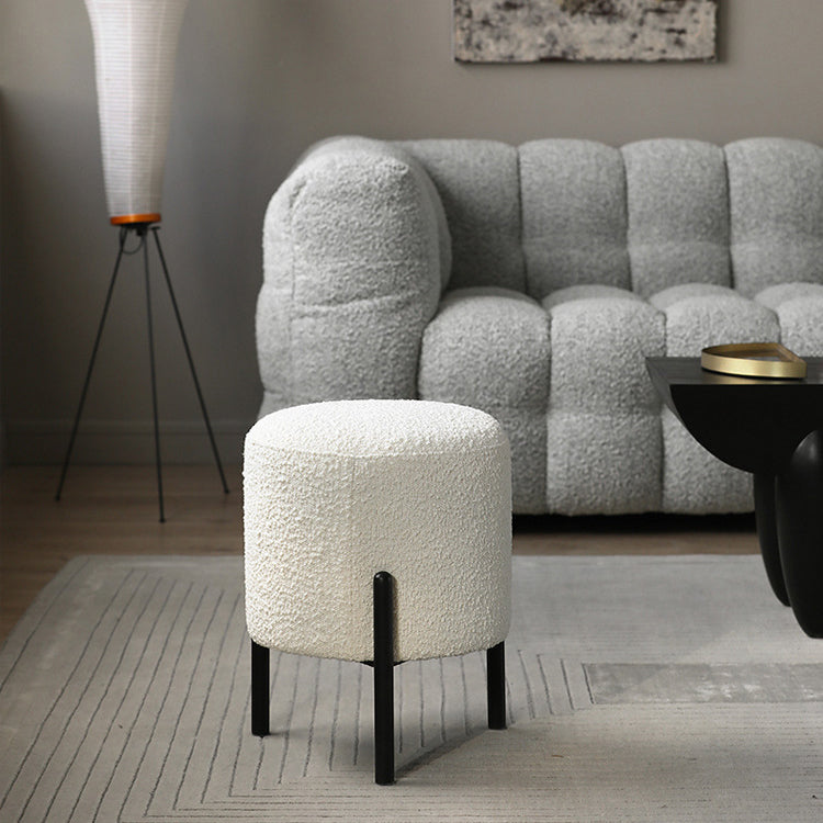 Contemporary Scandinavian Sherpa Fleece Metal Round Cylindrical Low Stool For Living Room