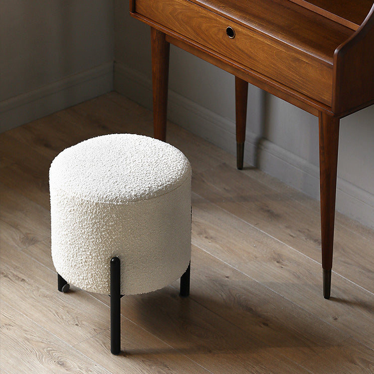 Contemporary Scandinavian Sherpa Fleece Metal Round Cylindrical Low Stool For Living Room