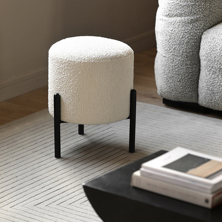 Contemporary Scandinavian Sherpa Fleece Metal Round Cylindrical Low Stool For Living Room