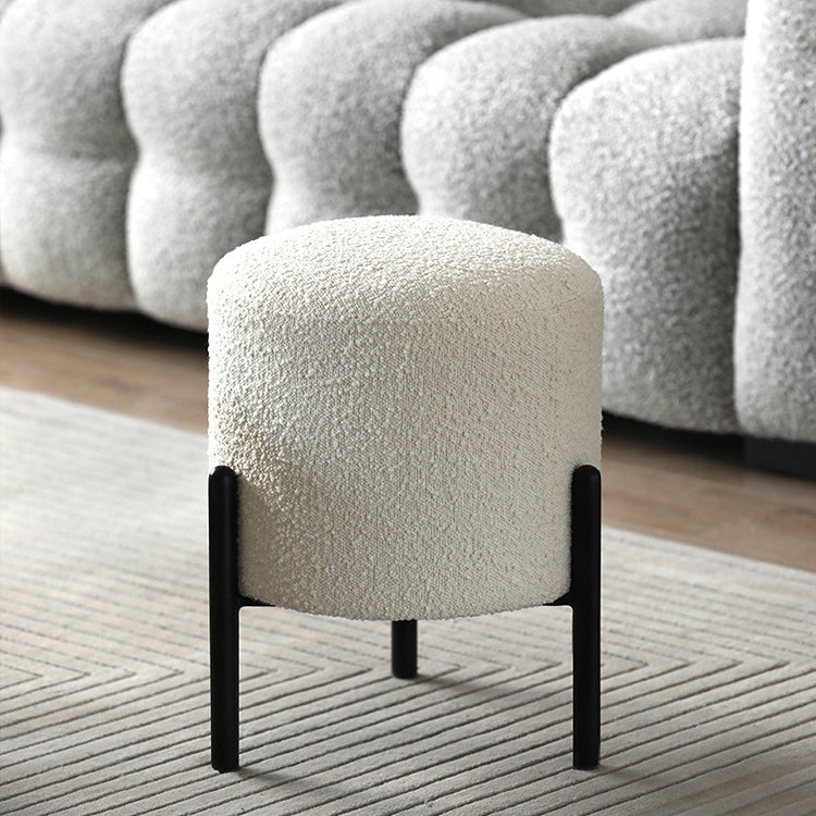 Zeitgenössischer skandinavischer Sherpa-Fleece-Metall-Rundzylinder-Niedrighocker für das Wohnzimmer 