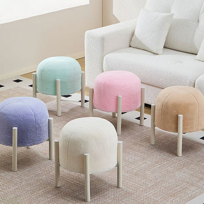 Contemporary Scandinavian Rabbit Fur Carbon Steel Round Barrel Low Stool For Living Room