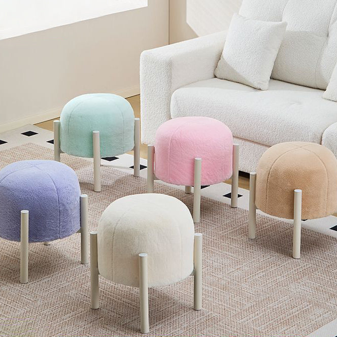 Contemporary Scandinavian Rabbit Fur Carbon Steel Round Barrel Low Stool For Living Room
