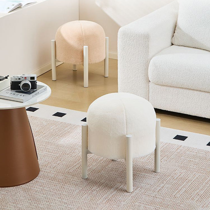 Contemporary Scandinavian Rabbit Fur Carbon Steel Round Barrel Low Stool For Living Room
