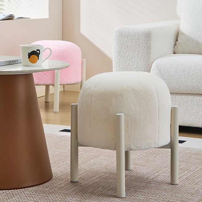Contemporary Scandinavian Rabbit Fur Carbon Steel Round Barrel Low Stool For Living Room