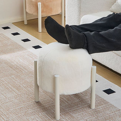 Contemporary Scandinavian Rabbit Fur Carbon Steel Round Barrel Low Stool For Living Room
